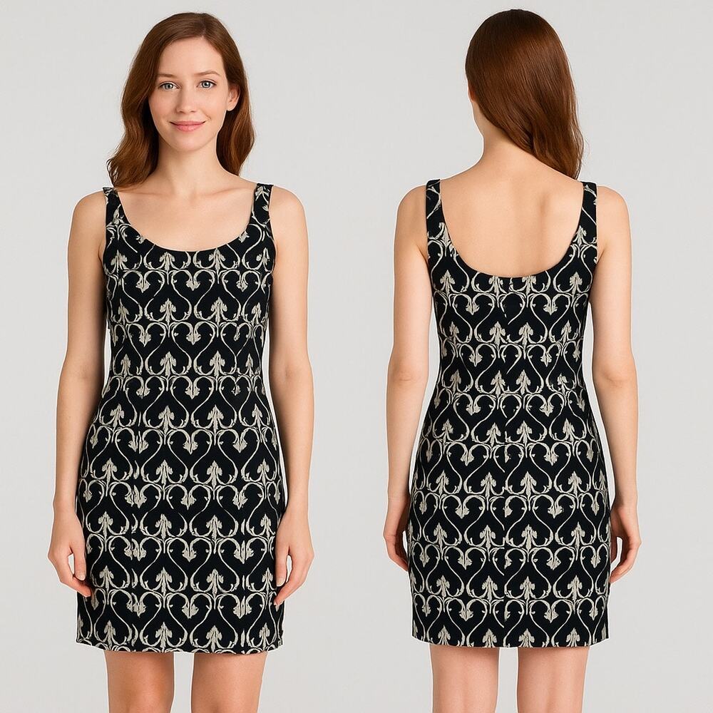 Vintage 90s Black Cream Embroidered Cocktail Mini Dress Scoop Neck